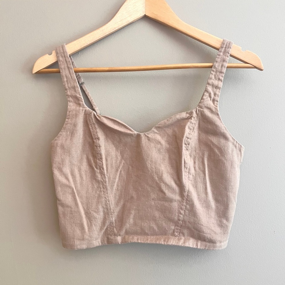 Abercrombie &‎ Fitch Linen Blend Smocked Back Crop Top Tan Small Sweetheart Neck